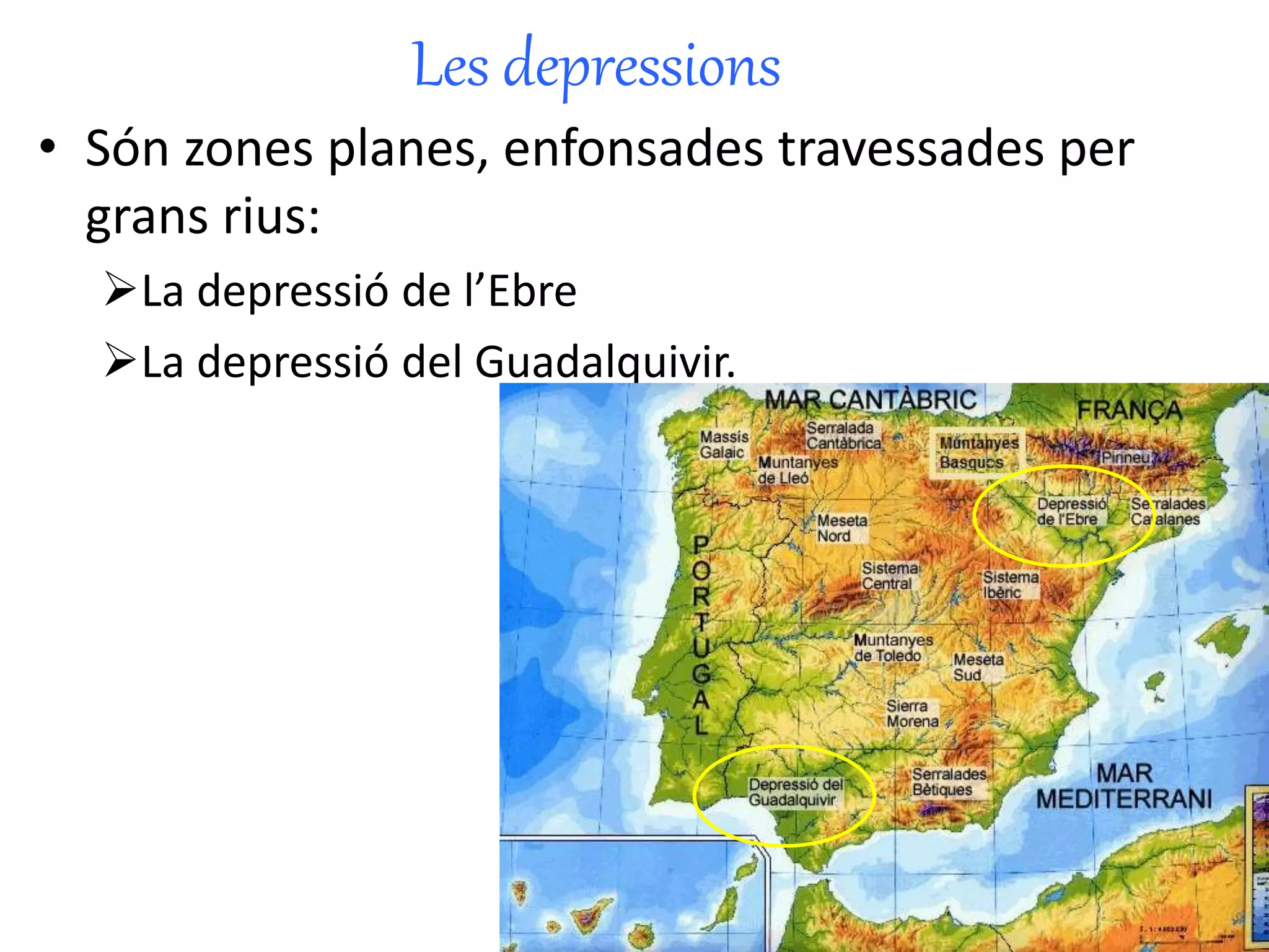 Les depressions 
• Són zones planes, enfonsades travessades per 
grans rius: 
La depressió de l’Ebre 
La depressió del Guadalquivir. 
 