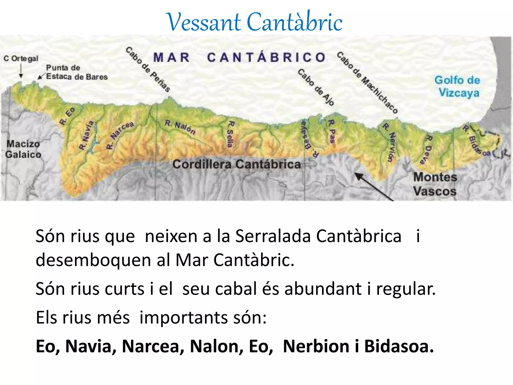 Vessant Cantàbric 
Són rius que neixen a la Serralada Cantàbrica i 
desemboquen al Mar Cantàbric. 
Són rius curts i el seu cabal és abundant i regular. 
Els rius més importants són: 
Eo, Navia, Narcea, Nalon, Eo, Nerbion i Bidasoa. 
 