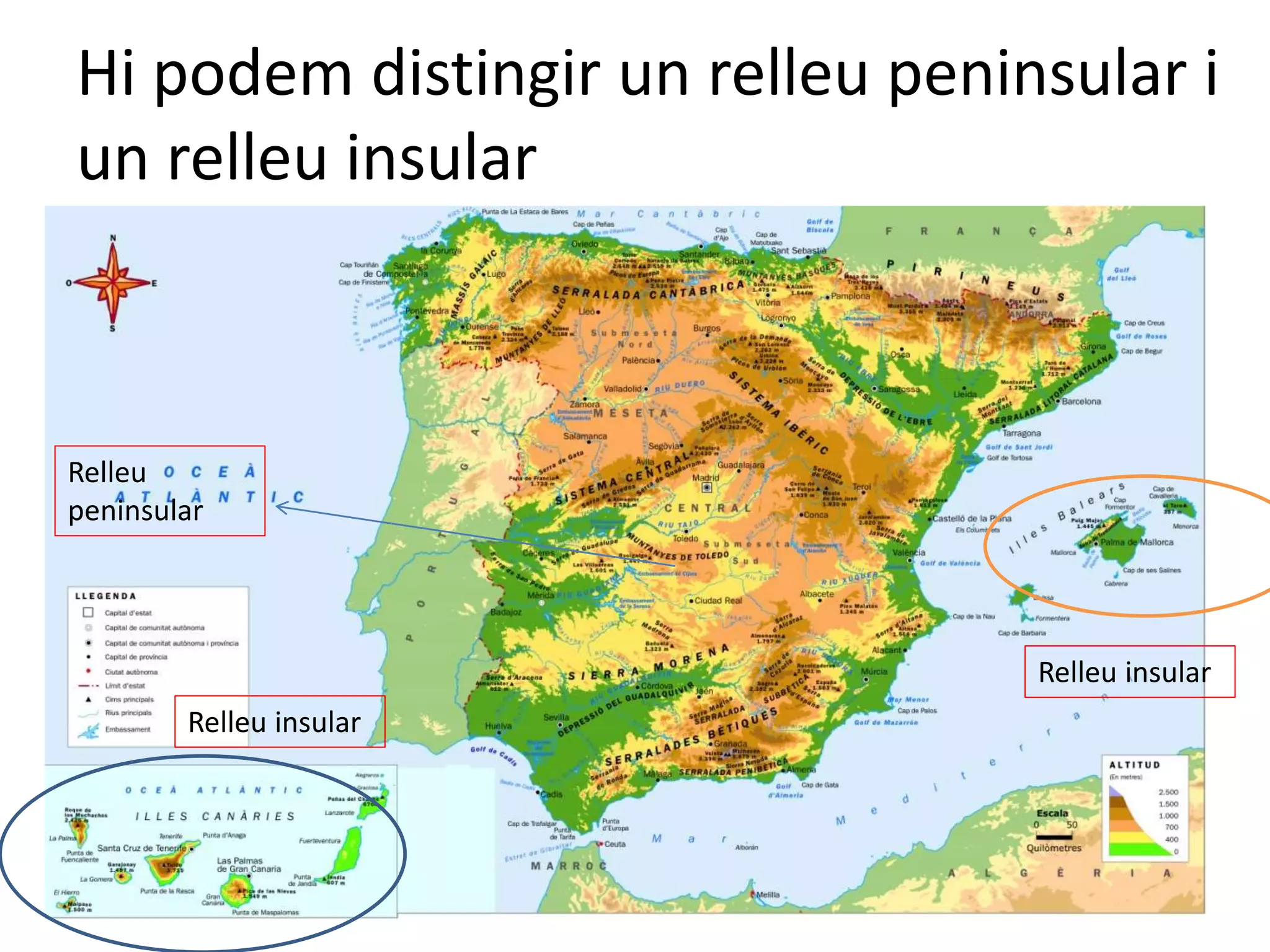 Hi podem distingir un relleu peninsular i 
un relleu insular 
Relleu 
peninsular 
Relleu insular 
Relleu insular 
 