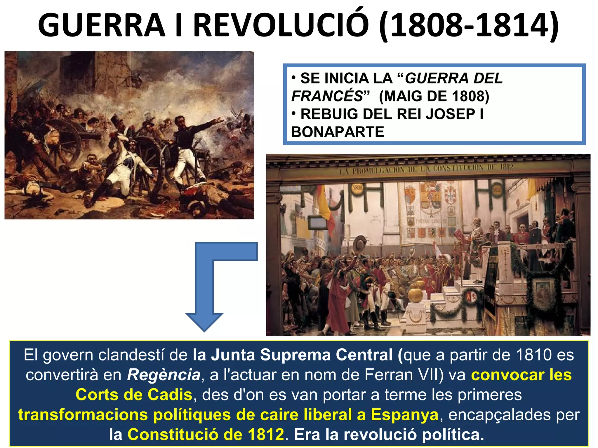 GUERRA I REVOLUCIÓ (1808-1814)
• SE INICIA LA “GUERRA DEL
FRANCÉS” (MAIG DE 1808)
• REBUIG DEL REI JOSEP I
BONAPARTE
El govern clandestí de la Junta Suprema Central (que a partir de 1810 es
convertirà en Regència, a l'actuar en nom de Ferran VII) va convocar les
Corts de Cadis, des d'on es van portar a terme les primeres
transformacions polítiques de caire liberal a Espanya, encapçalades per
la Constitució de 1812. Era la revolució política.
 