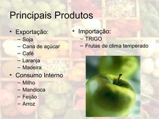 Principais Produtos
• Exportação:
– Soja
– Cana de açúcar
– Café
– Laranja
– Madeira
• Consumo Interno
– Milho
– Mandioca
– Feijão
– Arroz
• Importação:
– TRIGO
– Frutas de clima temperado
 