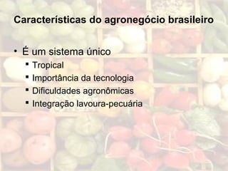 Características do agronegócio brasileiro
• É um sistema único
 Tropical
 Importância da tecnologia
 Dificuldades agronômicas
 Integração lavoura-pecuária
 