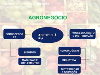 AGRONEGÓCIO
AGROPECUÁ
RIA
FORNECEDOR
ES
PROCESSAMENTO
E DISTRIBUIÇÃO
INSUMOS
MÁQUINAS E
IMPLEMENTOS
AGROINDÚSTRI
A
INDÚSTRIA
DISTRIBUIÇÃO
E SERVIÇOS
GEOGRAFIA , 3º Ano do Ensino Médio
O Espaço Rural Brasileiro
 