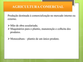 AGRICULTURA COMERCIAL

Produção destinada à comercialização no mercado interno ou
externo.

 Mão de obra assalariada;
 Maquinários para o plantio, manutenção e colheita dos
  produtos.

 Monocultura – plantio de um único produto.
 