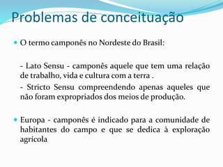 Problemas de conceituação
 O termo camponês no Nordeste do Brasil:
- Lato Sensu - camponês aquele que tem uma relação
de trabalho, vida e cultura com a terra .
- Stricto Sensu compreendendo apenas aqueles que
não foram expropriados dos meios de produção.
 Europa - camponês é indicado para a comunidade de
habitantes do campo e que se dedica à exploração
agrícola
 