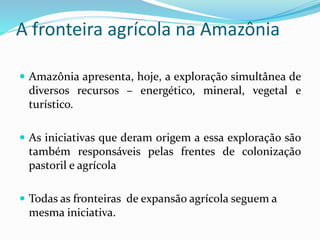 A fronteira agrícola na Amazônia
 Amazônia apresenta, hoje, a exploração simultânea de
diversos recursos – energético, mineral, vegetal e
turístico.
 As iniciativas que deram origem a essa exploração são
também responsáveis pelas frentes de colonização
pastoril e agrícola
 Todas as fronteiras de expansão agrícola seguem a
mesma iniciativa.
 