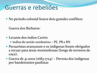 Guerras e rebeliões
 No período colonial houve dois grandes conflitos:
Guerra dos Bárbaros:
 Levante dos índios Cariris
 ìndios do sertão nordestino – PE, PB e RN
 Pecuaristas avançaram e os indígenas foram obrigados
a recuar para áreas montanhosas (longe de terrenos de
caça);
 Guerra de 41 anos (1683-1724) – Derrota dos indígenas
por bandeirantes paulistas
 