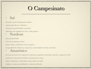 O Campesinato Sul formado a partir da imigração européia agropecuária diversa e dinâmica alto grau de produtividade e produção indicadores de qualidade de vida e renda positivos Nordeste baixa produtividade meios de produção precários baixas rendas e indicadores sociais negativos incapacidade deo Estado em equacionar as adversidades do clima semi-árido Amazônico presença marcante dos camponeses nordestinos, populações ribeirinhas caboclas e migrantes do Sul projetos de colonização do Estado, assentamentos e posses baixos rendimentos e indicadores sociais abaixo da média violência - avanços dos latifúndios e ausência do Estado 