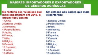No ranking dos 12 países que
mais importaram em 2016, a
ordem ficou assim:
1.China;
2.Estados Unidos;
3.Alemanha;
4.Países Baixos;
5.Japão;
6.França;
7.Itália;
8.Bélgica;
9.Canadá;
10.Espanha;
11.Índia;
12.México.
Em relação aos países que mais
exportaram:
1.Estados Unidos;
2.Países Baixos;
3.Brasil;
4.Alemanha;
5.França;
6.Espanha;
7.Canadá;
8.China;
9.Bélgica;
10.Itália;
11.Austrália;
12.Indonésia.
MAIORES IMPORTADORES E EXPORTADORES
DE GÊNEROS AGRÍCOLAS
 