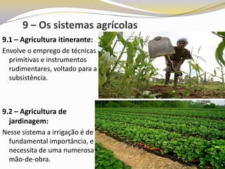 9 – Os sistemas agrícolas
9.1 – Agricultura itinerante:
Envolve o emprego de técnicas
  primitivas e instrumentos
  rudimentares, voltado para a
  subsistência.



9.2 – Agricultura de
  jardinagem:
Nesse sistema a irrigação é de
  fundamental importância, e
  necessita de uma numerosa
  mão-de-obra.
 