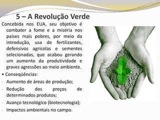 5 – A Revolução Verde
Concebida nos EUA, seu objetivo é
  combater a fome e a miséria nos
  países mais pobres, por meio da
  introdução, usa de fertilizantes,
  defensivos agrícolas e sementes
  selecionadas, que acabou gerando
  um aumento da produtividade e
  graves agressões ao meio ambiente.
• Conseqüências:
- Aumento de áreas de produção;
- Redução      dos     preços      de
  determinados produtos;
- Avanço tecnológico (biotecnologia);
- Impactos ambientais no campo.
 
