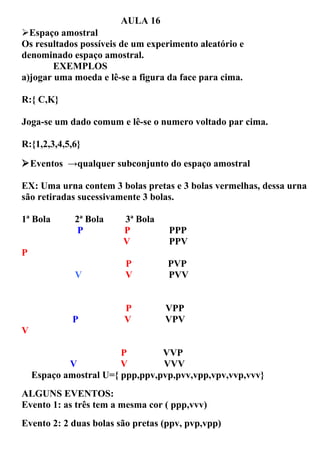 AULA 16
Espaço amostral
Os resultados possíveis de um experimento aleatório e
denominado espaço amostral.
        EXEMPLOS
a)jogar uma moeda e lê-se a figura da face para cima.

R:{ C,K}

Joga-se um dado comum e lê-se o numero voltado par cima.

R:{1,2,3,4,5,6}

Eventos →qualquer subconjunto do espaço amostral

EX: Uma urna contem 3 bolas pretas e 3 bolas vermelhas, dessa urna
são retiradas sucessivamente 3 bolas.

1ª Bola      2ª Bola    3ª Bola
              P         P          PPP
                        V          PPV
P
                        P          PVP
             V          V          PVV


                        P         VPP
             P          V         VPV
V

                        P        VVP
            V           V        VVV
    Espaço amostral U={ ppp,ppv,pvp,pvv,vpp,vpv,vvp,vvv}
ALGUNS EVENTOS:
Evento 1: as três tem a mesma cor ( ppp,vvv)
Evento 2: 2 duas bolas são pretas (ppv, pvp,vpp)
 