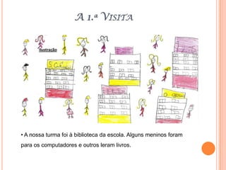 A 1.ª Visita A nossa turma foi à biblioteca da escola. Alguns meninos foram para os computadores e outros leram livros. A biblioteca está bonita, com estantes variadas onde se encontram livros para todos os gostos.