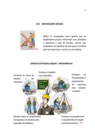 11




                          33.5 DISPOSIÇÕES GERAIS




                                      33.5.1 O empregador deve garantir que os
                                      trabalhadores possam interromper suas atividades
                                      e abandonar o local de trabalho, sempre que
                                      suspeitarem da existência de risco grave e iminente
                          [33]        para sua segurança e saúde ou a de terceiros.




                   DIREITO DOTRABALHADOR - TREINAMENTO



                                 Conhecer o trabalho
Conhecer os riscos do                                                   Conhecer           os
                                 a ser executado.
trabalho     a      ser                                                 Procedimentos e

executado.                                                              equipamentos
                                                                        de     segurança
                                                                        para       executar
                                                                        o trabalho.




Receber todos os equipamentos                              Conhecer os procedimentos
de segurança necessários para                              e equipamentos de resgate
execução dos trabalhos.                                    e primeiros socorros.    [34]
 