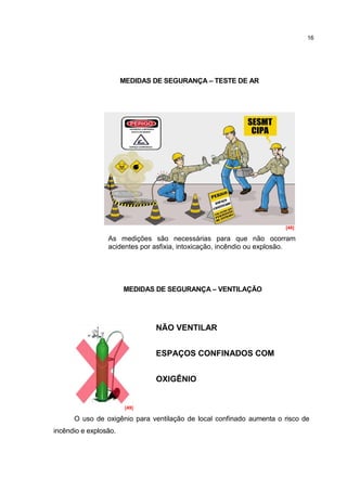16




                       MEDIDAS DE SEGURANÇA – TESTE DE AR




                                                                       [48]

                 As medições são necessárias para que não ocorram
                 acidentes por asfixia, intoxicação, incêndio ou explosão.




                       MEDIDAS DE SEGURANÇA – VENTILAÇÃO




                               NÃO VENTILAR


                               ESPAÇOS CONFINADOS COM


                               OXIGÊNIO


                        [49]

      O uso de oxigênio para ventilação de local confinado aumenta o risco de
incêndio e explosão.
 