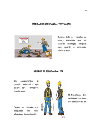 17




                         MEDIDAS DE SEGURANÇA – VENTILAÇÃO




                                                  Durante todo o            trabalho no
                                                  espaço        confinado     deve   ser
                                                  utilizada      ventilação    adequada
                                                  para      garantir    a     renovação
                                                  contínua do ar.


                                           [50]




                             MEDIDAS DE SEGURANÇA – EPI




Os      equipamentos           de
proteção    individual   -    epis
devem      ser      fornecidos
gratuitamente.
                                                                  O trabalhador deve
                                                                  ser treinado quanto ao
                                                                  uso adequado do epi.

Devem ser utilizados epis
adequados        para        cada
situação de risco existente.
                                                         [51]
 