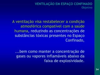 54
A ventilação visa restabelecer a condição
atmosférica compatível com a saúde
humana, reduzindo as concentrações de
substâncias tóxicas presentes no Espaço
Confinado,
...bem como manter a concentração de
gases ou vapores inflamáveis abaixo da
faixa de explosividade.
VENTILAÇÃO EM ESPAÇO CONFINADO
Objetivo
 