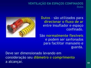59
Dutos – são utilizados para
direcionar o fluxo de ar
entre insuflador e espaço
confinado.
São normalmente flexíveis
e podem ser sanfonados
para facilitar manuseio e
guarda.
VENTILAÇÃO EM ESPAÇOS CONFINADOS
Dutos
Deve ser dimensionado levando em
consideração seu diâmetro e comprimento
a alcançar.
 