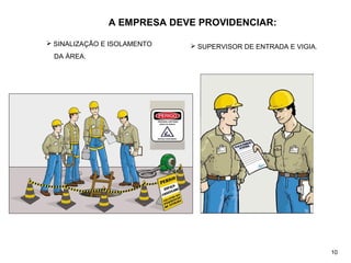 A EMPRESA DEVE PROVIDENCIAR:
 SUPERVISOR DE ENTRADA E VIGIA.
 SINALIZAÇÃO E ISOLAMENTO
DA ÁREA.
10
 