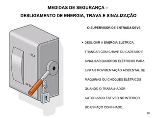 MEDIDAS DE SEGURANÇA –
DESLIGAMENTO DE ENERGIA, TRAVA E SINALIZAÇÃO
O SUPERVISOR DE ENTRADA DEVE:
 DESLIGAR A ENERGIA ELÉTRICA,
TRANCAR COM CHAVE OU CADEADO E
SINALIZAR QUADROS ELÉTRICOS PARA
EVITAR MOVIMENTAÇÃO ACIDENTAL DE
MÁQUINAS OU CHOQUES ELÉTRICOS
QUANDO O TRABALHADOR
AUTORIZADO ESTIVER NO INTERIOR
DO ESPAÇO CONFINADO.
20
 
