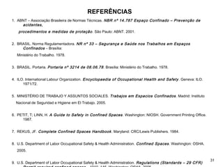 REFERÊNCIAS
1. ABNT – Associação Brasileira de Normas Técnicas. NBR nº 14.787 Espaço Confinado – Prevenção de
acidentes,
procedimentos e medidas de proteção. São Paulo: ABNT. 2001.
2. BRASIL. Norma Regulamentadora. NR nº 33 – Segurança e Saúde nos Trabalhos em Espaços
Confinados – Brasília:
Ministério do Trabalho. 1978.
3. BRASIL. Portaria. Portaria nº 3214 de 08.06.78. Brasília: Ministério do Trabalho. 1978.
4. ILO. International Labour Organization. Encyclopaedia of Occupational Health and Safety. Geneva: ILO.
1971/72.
5. MINISTÉRIO DE TRABAJO Y ASSUNTOS SOCIALES. Trabajos em Espacios Confinados. Madrid: Instituto
Nacional de Seguridad e Higiene em El Trabajo. 2005.
6. PETIT, T; LINN, H. A Guide to Safety in Confined Spaces. Washington: NIOSH. Government Printing Office.
1987.
7. REKUS, JF. Complete Confined Spaces Handbook. Maryland: CRC/Lewis Publishers. 1984.
8. U.S. Department of Labor Occupational Safety & Health Administration. Confined Spaces. Washington: OSHA.
2005.
9. U.S. Department of Labor Occupational Safety & Health Administration. Regulations (Standards – 29 CFR)
31
 
