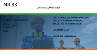 NR 33
 INSTITUTO BRASILEIRO
CLASSE
 ABNT
ZONA
CLASSIFICAÇÃO DE ÁREA
ZONA 0 - MAIOR QUE 1000H DE EXPOSIÇÃO.
ZONA 1 - 10 A 1000H DE EXPOSIÇÃO.
ZONA 2 - 01 A 10H DE EXPOSIÇÃO.
NÃO CLASSIFICADA
MENOR QUE 1H EXPOSIÇÃO.
 
