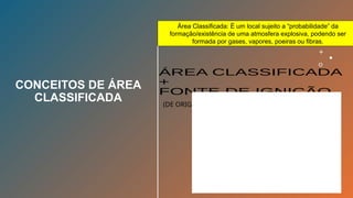 CONCEITOS DE ÁREA
CLASSIFICADA
Área Classificada: É um local sujeito a “probabilidade” da
formação/existência de uma atmosfera explosiva, podendo ser
formada por gases, vapores, poeiras ou fibras.
(DE ORIGEM ELÉTRICA, ELETRÔNICA, ELETROSTÁTICA,
MECÂNICA, ETC)
 