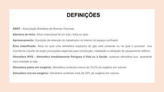 ABNT - Associação Brasileira de Normas Técnicas.
Abertura de linha: Alívio intencional de um tubo, linha ou duto
Aprisionamento: Condição de retenção do trabalhador no interior do espaço confinado
Área classificada: Área na qual uma atmosfera explosiva de gás está presente ou na qual é provável sua
ocorrência a ponto de exigir precauções especiais para construção, instalação e utilização de equipamento elétrico.
Atmosfera IPVS – Atmosfera Imediatamente Perigosa à Vida ou à Saúde: qualquer atmosfera que apresente
risco imediato à vida
Atmosfera pobre em oxigênio: Atmosfera contendo menos de 19,5% de oxigênio em volume.
Atmosfera rica em oxigênio: Atmosfera contendo mais de 23% de oxigênio em volume.
DEFINIÇÕES
 