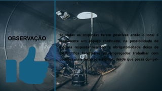 OBSERVAÇÃO
Se todas as respostas forem positivas então o local é
legalmente um espaço confinado, na possibilidade de
alguma resposta negativa a obrigatoriedade deixa de
existir, fica facultativo ao empregador trabalhar com
padrões mais técnicos e rígidos, desde que possa cumpri-
lo.
 