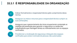 Indicar formalmente o responsável técnico pelo cumprimento desta
norma;
Assegurar os meios e recursos para o responsável técnico cumprir as
suas atribuições;
Assegurar que o gerenciamento de riscos ocupacionais contemple as
medidas de prevenção para garantir a segurança e a saúde dos
trabalhadores que interagem direta ou indiretamente com os espaços
confinados;
Providenciar a sinalização de segurança e bloqueio dos espaços
confinados para evitar á entrada de pessoas não autorizadas;
01
33.3.1 É RESPONSABILIDADE DA ORGANIZAÇÃO
02
03
04
 