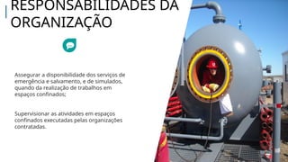 Assegurar a disponibilidade dos serviços de
emergência e salvamento, e de simulados,
quando da realização de trabalhos em
espaços confinados;
Supervisionar as atividades em espaços
confinados executadas pelas organizações
contratadas.
RESPONSABILIDADES DA
ORGANIZAÇÃO
 