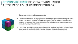 • Operar os movimentadores de pessoas;
• Ordenar o abandono do espaço confinado sempre que reconhecer algum sinal
de alarme, perigo, sintoma, queixa, condição proibida, acidente, situação não
prevista ou quando não puder desempenhar efetivamente suas tarefas, nem
ser substituído por outro vigia;
• Comunicar ao supervisor de entrada qualquer evento não previsto ou estranho
à operação de vigilância, inclusive quando da ordenação do abandono
RESPONSABILIDADE DO VIGIA, TRABALHADOR
AUTORIZADO E SUPERVISOR DE ENTRADA
 