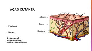 AÇÃO CUTÂNEA
• Epiderme
• Derme
Subcutânea É
responsável por
8%dascontaminações!
 