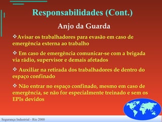 Anjo da Guarda   Avisar os trabalhadores para evasão em caso de emergência externa ao trabalho Em caso de emergência comunicar-se com a brigada via rádio, supervisor e demais afetados Auxiliar na retirada dos trabalhadores de dentro do espaço confinado Não entrar no espaço confinado, mesmo em caso de emergência, se não for especialmente treinado e sem os EPIs devidos Responsabilidades (Cont.) 