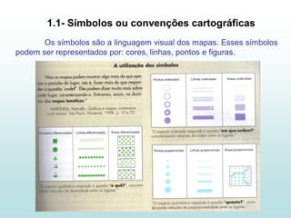 1.1- Símbolos ou convenções cartográficas
       Os símbolos são a linguagem visual dos mapas. Esses símbolos
podem ser representados por: cores, linhas, pontos e figuras.
 