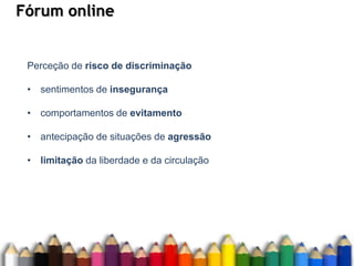 Fórum online
Perceção de risco de discriminação
• sentimentos de insegurança
• comportamentos de evitamento
• antecipação de situações de agressão
• limitação da liberdade e da circulação
 
