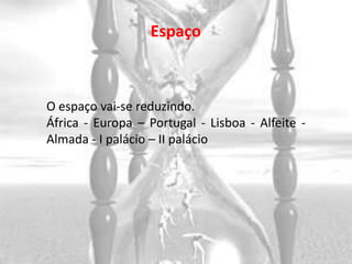 Espaço



O espaço vai-se reduzindo.
África - Europa – Portugal - Lisboa - Alfeite -
Almada - I palácio – II palácio
 