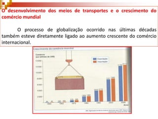 O desenvolvimento dos meios de transportes e o crescimento do
comércio mundial
O processo de globalização ocorrido nas últimas décadas
também esteve diretamente ligado ao aumento crescente do comércio
internacional.

 