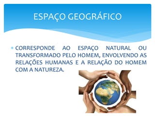  CORRESPONDE AO ESPAÇO NATURAL OU
TRANSFORMADO PELO HOMEM, ENVOLVENDO AS
RELAÇÕES HUMANAS E A RELAÇÃO DO HOMEM
COM A NATUREZA.
ESPAÇO GEOGRÁFICO
 
