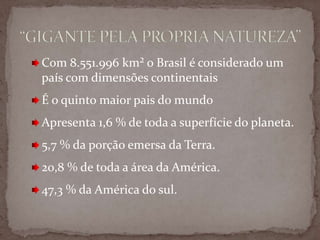 Com 8.551.996 km² o Brasil é considerado um
país com dimensões continentais
É o quinto maior pais do mundo
Apresenta 1,6 % de toda a superfície do planeta.

5,7 % da porção emersa da Terra.
20,8 % de toda a área da América.
47,3 % da América do sul.

 