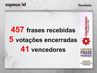 Resultado 457   frases recebidas 5   votações encerradas 41   vencedores 