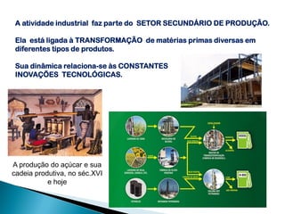A atividade industrial faz parte do SETOR SECUNDÁRIO DE PRODUÇÃO.

 Ela está ligada à TRANSFORMAÇÃO de matérias primas diversas em
 diferentes tipos de produtos.

 Sua dinâmica relaciona-se às CONSTANTES
 INOVAÇÕES TECNOLÓGICAS.




A produção do açúcar e sua
cadeia produtiva, no séc.XVI
           e hoje
 