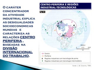 O caráter
concentrador
da atividade
industrial explica
as desigualdades
socioeconomicas
mundias e
caracteriza as
relações CENTRO
PERIFERIA ,
baseadas na
DIVISÃO
INTERNACIONAL
DO TRABALHO.
 