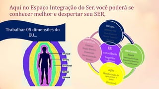 Aqui no Espaço Integração do Ser, você poderá se
conhecer melhor e despertar seu SER,
Trabalhar 05 dimensões do
EU...
 