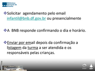 Solicitar agendamento pelo email
 infantil@bnb.df.gov.br ou presencialmente

A BNB responde confirmando o dia e horário.

Enviar por email depois da confirmação a
 listagem da turma a ser atendida e os
 responsáveis pelas crianças.
 