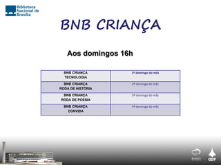 BNB CRIANÇA
   Aos domingos 16h

  BNB CRIANÇA      1º domingo do mês
  TECNOLOGIA
  BNB CRIANÇA      2º domingo do mês
RODA DE HISTÓRIA
 BNB CRIANÇA       3º domingo do mês
RODA DE POESIA
  BNB CRIANÇA      4º domingo do mês
    CONVIDA
 