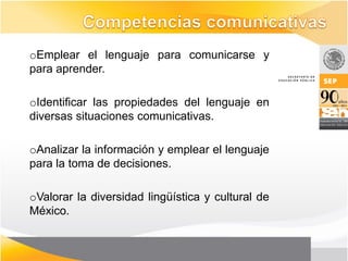 oEmplear el lenguaje para comunicarse y
para aprender.

oIdentificar las propiedades del lenguaje en
diversas situaciones comunicativas.

oAnalizar la información y emplear el lenguaje
para la toma de decisiones.

oValorar la diversidad lingüística y cultural de
México.
 