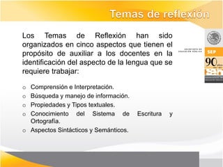 Los Temas de Reflexión han sido
organizados en cinco aspectos que tienen el
propósito de auxiliar a los docentes en la
identificación del aspecto de la lengua que se
requiere trabajar:

o Comprensión e Interpretación.
o Búsqueda y manejo de información.
o Propiedades y Tipos textuales.
o Conocimiento del Sistema de          Escritura   y
  Ortografía.
o Aspectos Sintácticos y Semánticos.
 