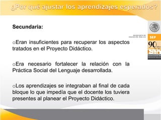 Secundaria:

oEran insuficientes para recuperar los aspectos
tratados en el Proyecto Didáctico.

oEra necesario fortalecer la relación con la
Práctica Social del Lenguaje desarrollada.

oLos aprendizajes se integraban al final de cada
bloque lo que impedía que el docente los tuviera
presentes al planear el Proyecto Didáctico.
 