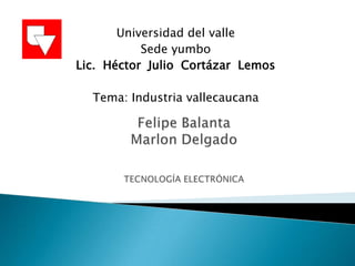 Universidad del valle
           Sede yumbo
Lic. Héctor Julio Cortázar Lemos

  Tema: Industria vallecaucana
 